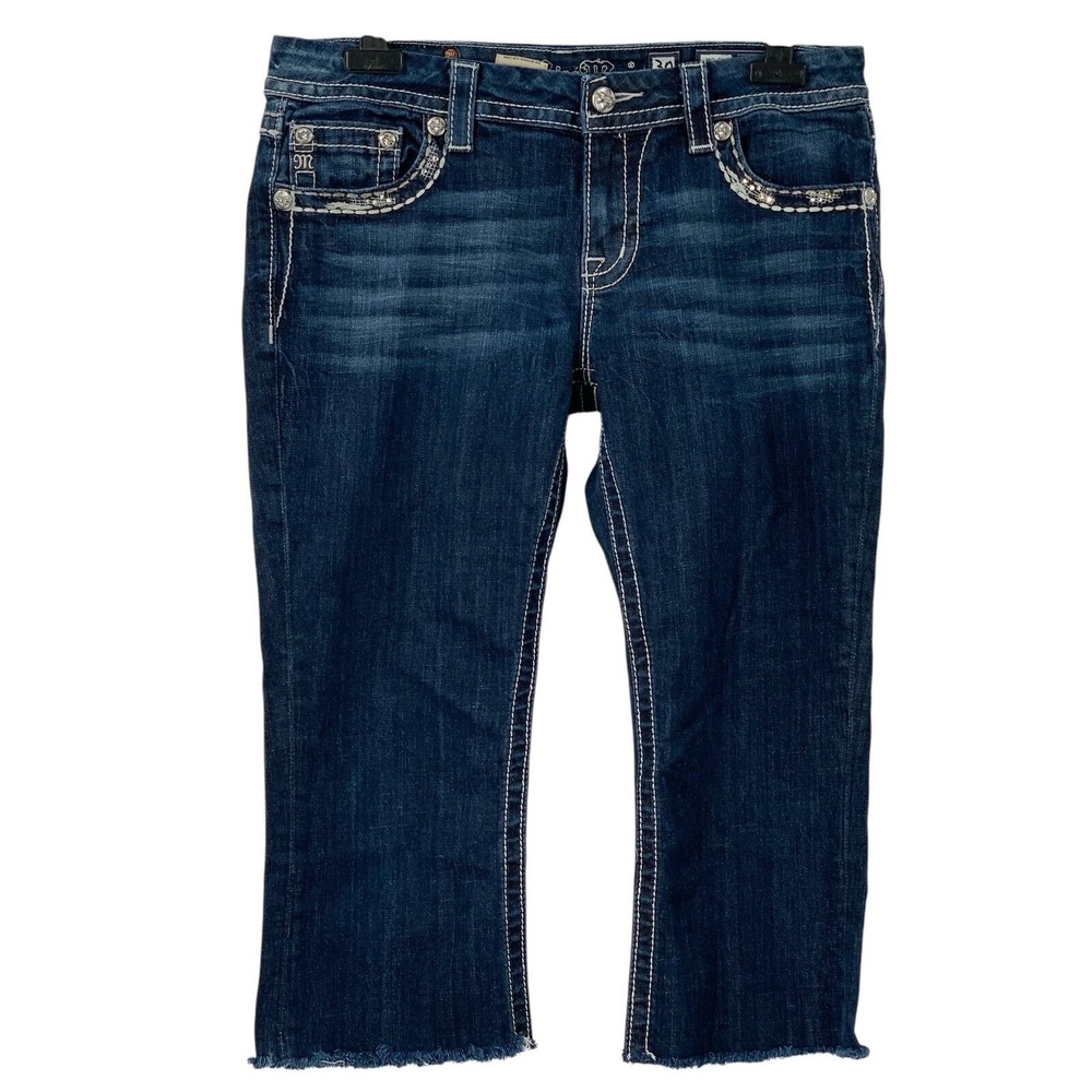 Miss Me Mid Rise Easy Cropped Blue Jeans Embellished Rhinestone Pockets Size 30